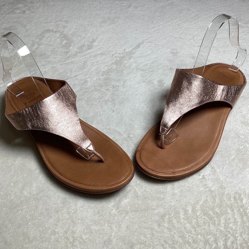 FitFlop Supercomff Rose Gold Metallic Leather Thong Wedge Sandals Women's 9
